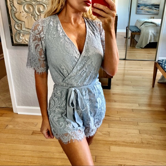 Trixxi Pants - NWOT Trixxi Light Blue Floral Lace Romper